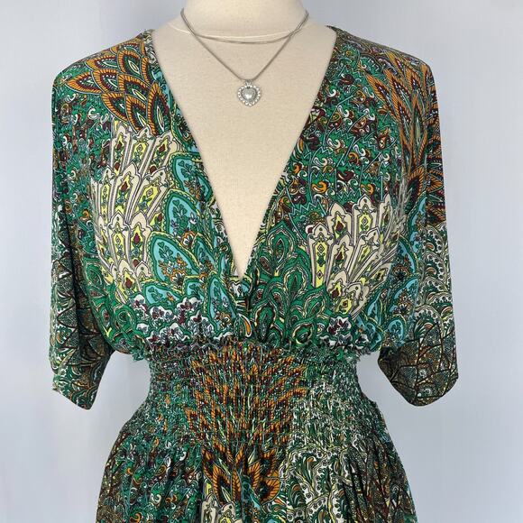 Y2K Mini Dress Green Geometric Print Babydoll Fairy Grunge Stretch Casual Boho - Picture 3 of 14